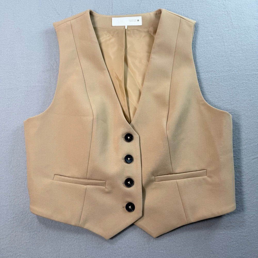 Zara Waistcoat Vest S Tan Tailored V-Neck Office Capsule Wardrobe Fall Chic
